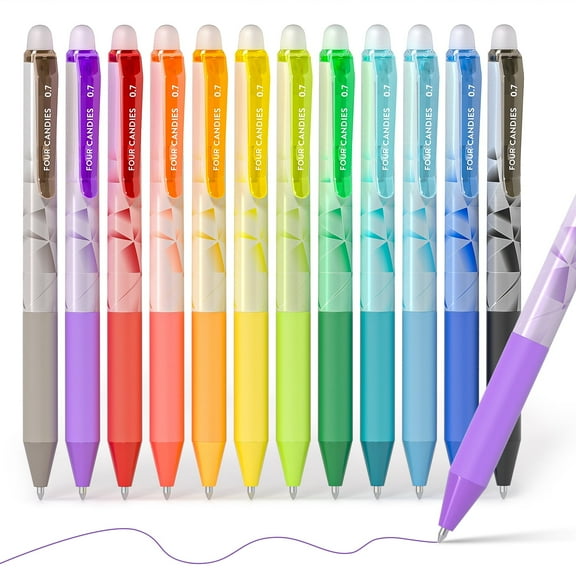 Four Candies 0.7mm Erasable Gel Pens, Make Mistakes Disappear Colored Pens, 12 Colors Retractable Fine Point Erasable Pens for Writing, Drawing, Planner Supplies