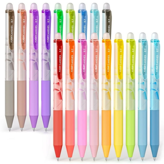 Four Candies 0.7mm Erasable Gel Pens, Make Mistakes Disappear Colored Pens, 18 Colors Retractable Fine Point Erasable Pens for Writing, Drawing, Planner Supplies