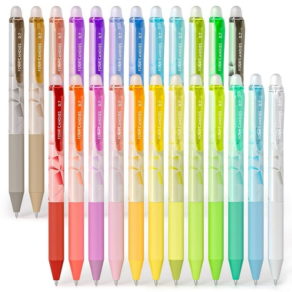 Four Candies 0.7mm Erasable Gel Pens, Make Mistakes Disappear Colored Pens, 24 Colors Retractable Fine Point Erasable Pens for Writing, Drawing, Planner Supplies