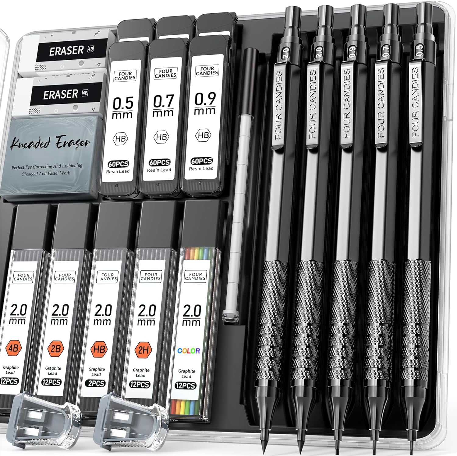 Four Candies Metal Mechanical Pencil Set with 0.5mm, 0.7mm, 0.9mm, 2 ...