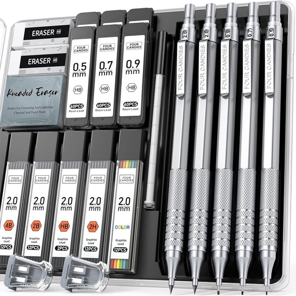 Four Candies Metal Mechanical Pencil Set,5 Count, Metal Mechanical Pencils 0.5, 0.7, 0.9,2.0(2Pcs), 420Pcs Leads (4B 2B HB 2H Color), for Writing Sketching Drawing (Silver)