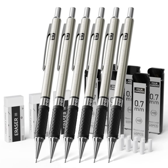 Four Candies Metal Mechanical Pencil Set - 6PCS 0.7mm Art Mechanical Pencils & 360PCS HB Lead Refills & 3PCS Erasers & 9PCS Eraser Refills, Drawing Mechanical Pencils for Writing, Sketching/With Case
