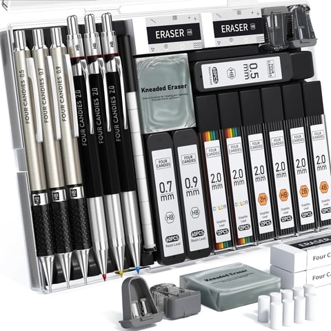 Four Candies Metal Mechanical Pencil Set, 6PCS Artist Metal Pencil 0.5, 0.7, 0.9, 2mm, Refills, Kneaded Eraser, Sharpener, Combo Set
