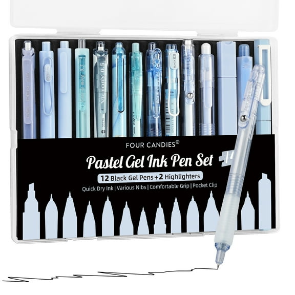 Four Candies Pastel Gel Ink Pen Set with 12 Black Ink Pens & 2 Highlighters, 0.5mm, 14 Pack