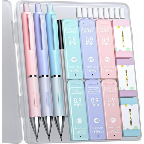 Four Candies Pastel Mechanical Pencil Set for Drawing & Writing, 3PCS 0.9mm Mechanical Pencils, 360PCS HB Lead Refills, 3 Erasers and 9 Eraser Refills