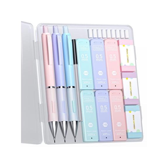Four Candies Pastel Mechanical Pencil Set for Drawing & Writing, 3PCS Mechanical Pencils in 0.5mm with 360PCS HB Lead Refills, 3PCS Erasers and 9PCS Eraser Refills