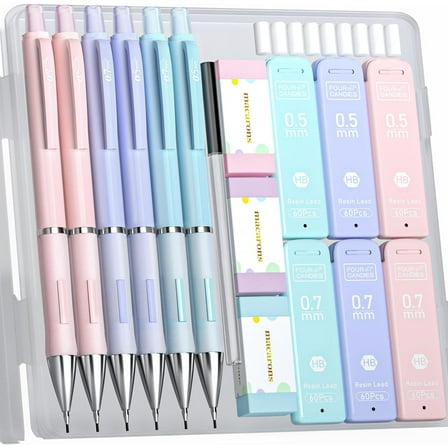 Four Candies Pastel Mechanical Pencil Set for Drawing & Writing,6PCS 0.5mm&0.7mm Mechanical Pencils with 360PCS HB Lead Refills, 3PCS Erasers and 9PCS Eraser Refills