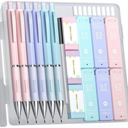Four Candies Pastel Mechanical Pencil Set for Drawing & Writing,6PCS 0.5mm&0.7mm Mechanical Pencils with 360PCS HB Lead Refills, 3PCS Erasers and 9PCS Eraser Refills