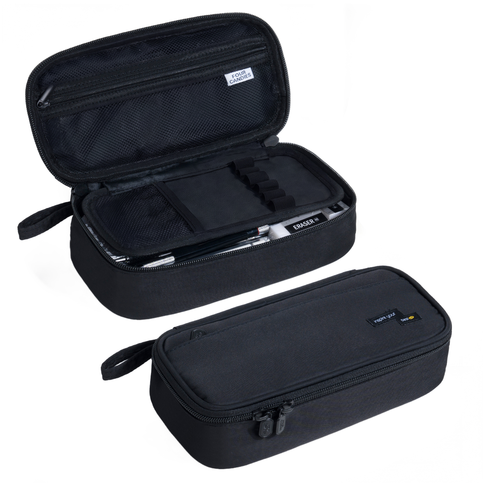 Estuche de lápices Four Candies, cartuchera de gran capacidad—bolsa portátil para marcadores para hogar y oficina, organizador suave de útiles (Negro)