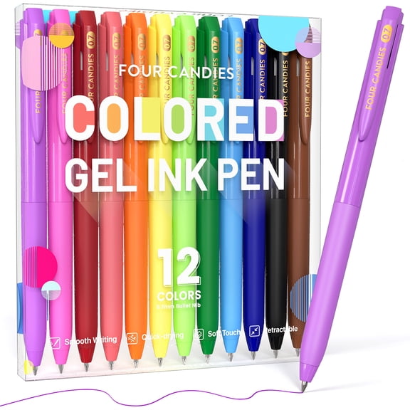 Four Candies Quick Dry Ink Colored Pens Set, 12 Colors Retractable Gel Pens, 0.7mm Fine Point Colorful Pen for Note Taking & Drawing, Colored Gel Pen with Comfort Grip