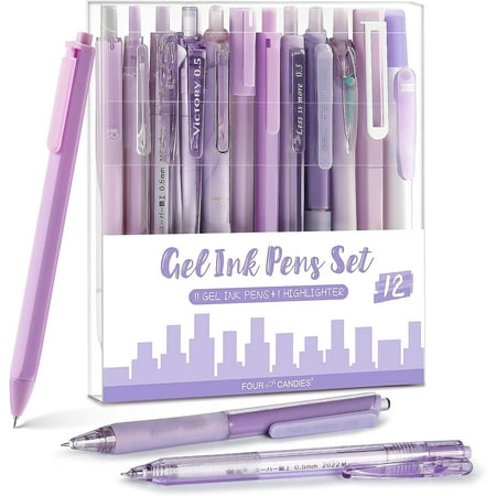 Four Candies Retractable Purple Pen Set, 11Pcs Black Ink Gel Pens(0.5mm), 1Pcs Purple Highlighter, 0.5mm Fine Point for Journaling, Writing and Note-Taking
