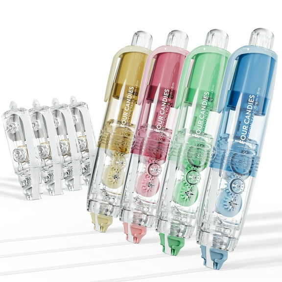 Four Candies 4PCS Refillable Retractable White Correction Tape, Colorful Aesthetic Pen Shaped Quick Dry Smooth Instant Applicator with 4 Extra Refills