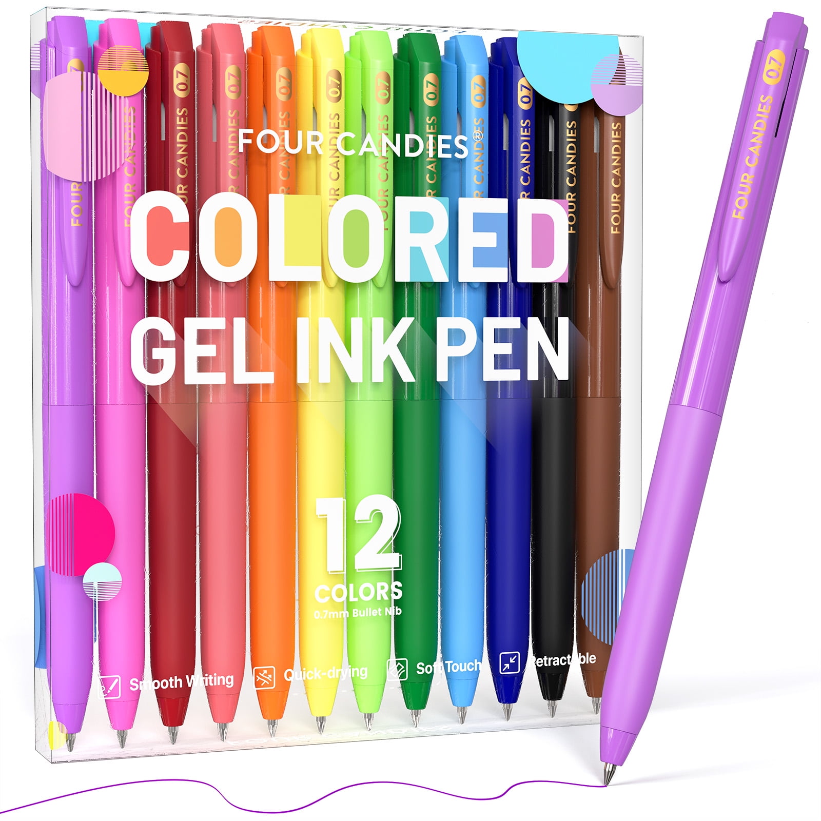 Four Candies Quick Dry Ink Colored Pens Set, 12 Colors Retractable