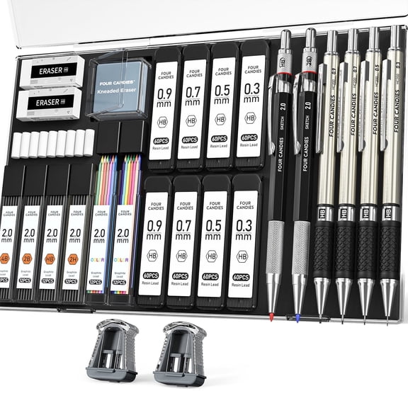 Four Candies 27PCS Art Mechanical Pencil Set, 4PCS Metal Drawing Pencil 0.3, 0.5, 0.7, 0.9 mm & 2PCS 2mm Lead Holder with Graphite Lead Refills for Drawing Sketching