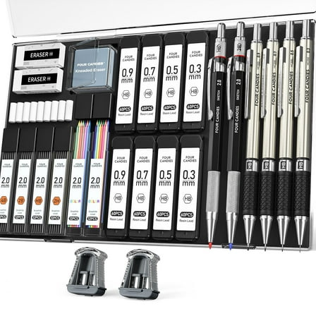 Four Candies 27PCS Art Mechanical Pencil Set with Case, 4PCS Metal Drawing Pencil 0.3, 0.5, 0.7, 0.9 mm & 2PCS 2mm Lead Holder (HB 2H 2B 4B Color) with 552 Graphite Lead Refills for Drawing Sketching