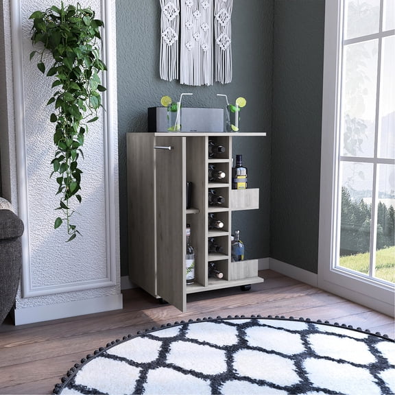 Four Casters with Lock - Two Open Shelves for Bottles - Patio Bar - Sturdy Home Bar Unit