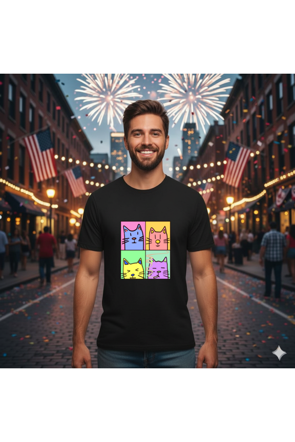 Four Cats Group Photo Funny Pet Humor Quirky Friendship Art Unisex T-Shirt, up to size 5XL