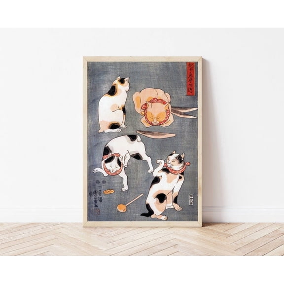 Four Cats In Different Poses, Kuniyoshi Utagawa Poster, Japan Wall Art, Japanese Art, Japanese Poster, Museum Poster,, Stretched Canvas Size 12x18