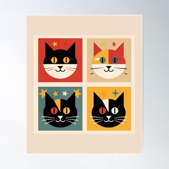 Four Cats Retro Style Poster Wall Art, Modern Wall Decor For Living Room Bedroom, 24x36 UNFRAMED