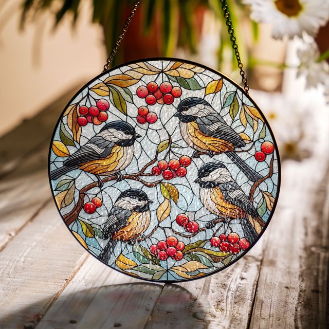 Four Chickadees Glass Suncatcher Handcrafted Stained Glass Window