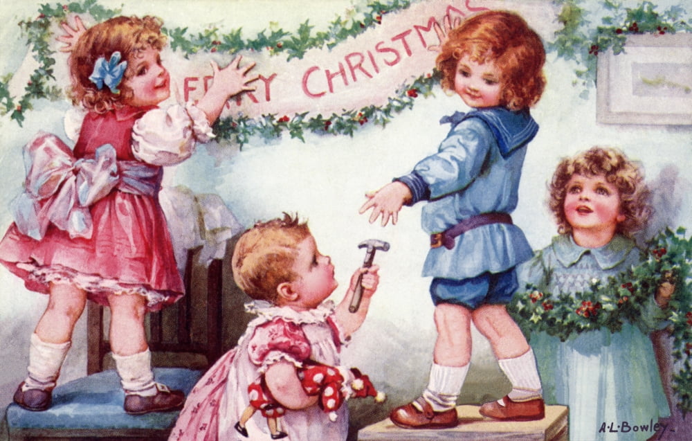 Four Children Putting Up Christmas Decorations Print By Mary Evans