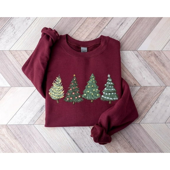 Four Christmas tree Sweatshirt, Christmas trees with decorated lights Crewneck, Holiday Sweatshirt for Women, Winter Sweatshirt