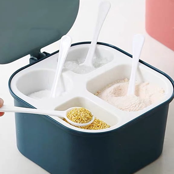 Four-Compartment Spice Pots, Multi-Grid Condiment Jar, Round Spice Storage Box, Kitchen Organizer, Plastic Spice Jar with Lid and Spoon