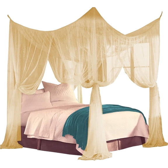 Four Corner Post Decorative Elegant Bed Net Canopy Set, Beige, Full/Queen/King, 86.6x78.7x98.4 Inches