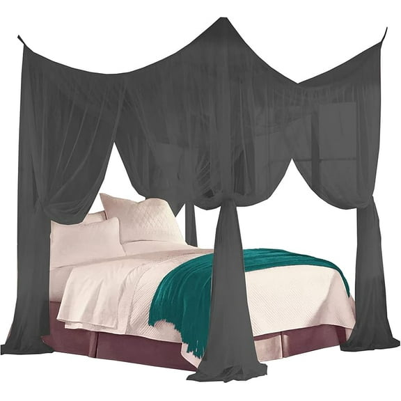 Four Corner Post Decorative Elegant Bed Net Canopy Set, Fits Full, Queen and King Sizes, Can Be Used With or Without Four-Post Bed (Black)