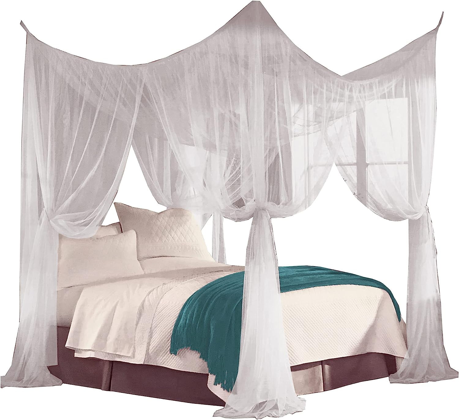 Four Corner Post Decorative Elegant Bed Net Canopy Set, White, Full/Queen/King, 86.6x78.7x98.4 Inches