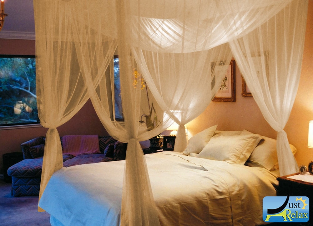 Four Corner Post Elegant Mosquito Net Bed Canopy Set, Beige, Full