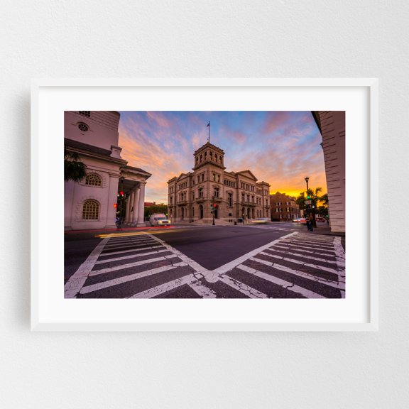 Four Corners - Charleston South Carolina Photography Architecture City Street Photography Travel Poster Sunset White Framed Wall Art Print 5 x 7 inches