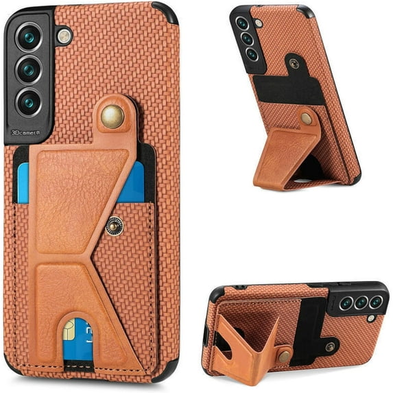 Four Corners Shock Resistant Card Sleeve Phone Case for Samsung Galaxy A12 A42 A52 A72 5G, Magnetic Bracket to Protect Back Cover(Brown,A12 5G)