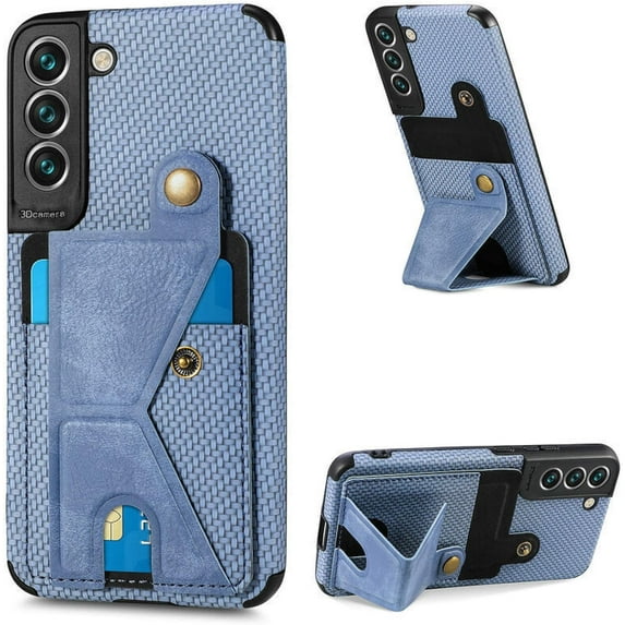 Four Corners Shock Resistant Card Sleeve Phone Case for Samsung Galaxy S21 Ultra Plus FE, Magnetic Bracket to Protect Back Cover(Blue,S21)
