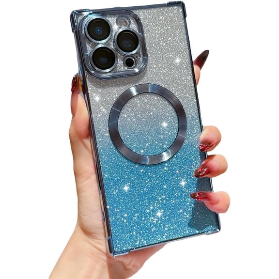 Four Corners Shockproof Bling Glitter Plating Magnetic Phone Case for iPhone, Compatible with (Blue,iPhone 13 Pro)