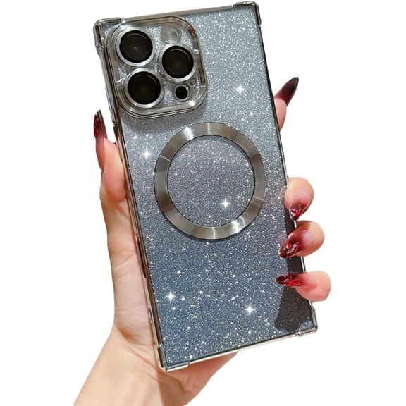 Four Corners Shockproof Bling Glitter Plating Magnetic Phone Case for iPhone, Compatible with (Silver,iPhone 13 Pro Max)