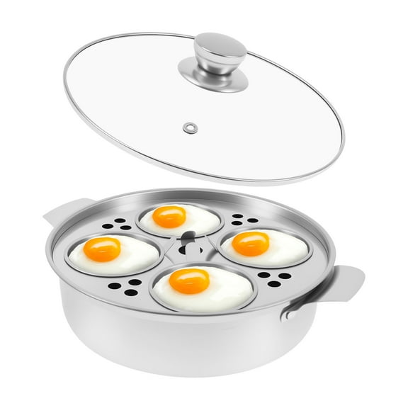 Four-Cup Egg Poacher and Stainless Steel Frying Pan 20cm, Vented Glass Lid and Stay-Cool Handle
