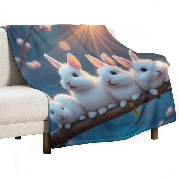 Four Cute Bunnies on A Branch Blanket Soft Throw Warm Lightweight Plush Blanket for Couch Bed Sofa