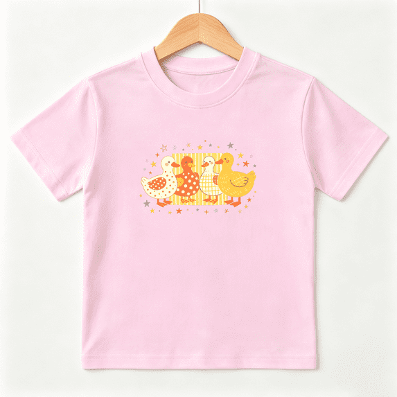 Four Cute Yellow Ducks Girls Graphic Tee, Retro Polka Dot Birds 100% Cotton Kids Short Sleeve T-Shirt