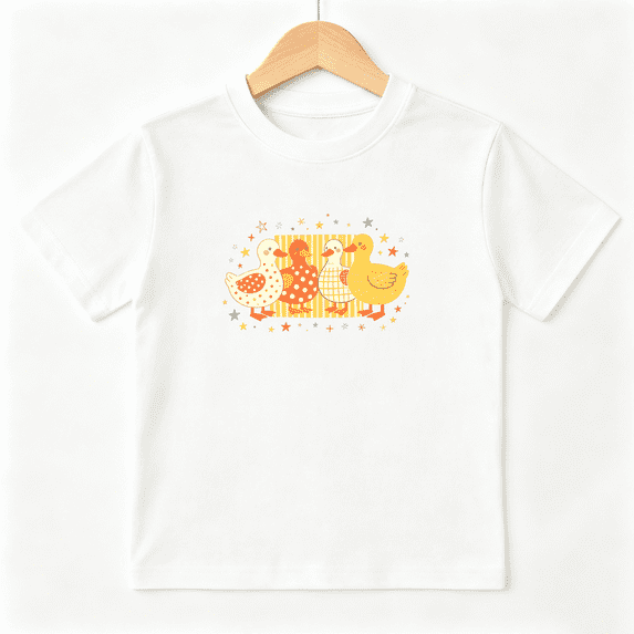 Four Cute Yellow Ducks Girls Graphic Tee, Retro Polka Dot Birds 100% Cotton Kids Short Sleeve T-Shirt