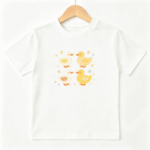 Four Cute Yellow Ducks Girls Graphic Tee, Retro Sweet Birds 100% Cotton Kids Short Sleeve T-Shirt