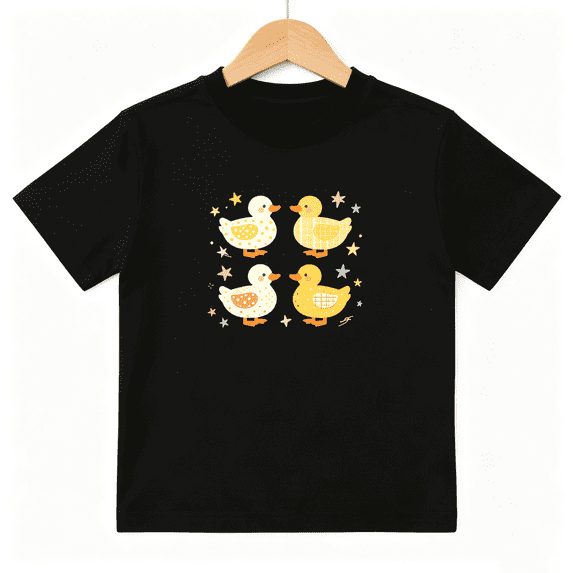 Four Cute Yellow Ducks Girls Graphic Tee, Retro Sweet Birds 100% Cotton Kids Short Sleeve T-Shirt
