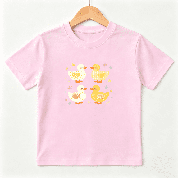 Four Cute Yellow Ducks Girls Graphic Tee, Retro Sweet Birds 100% Cotton Kids Short Sleeve T-Shirt