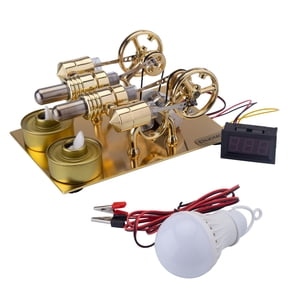 Four Cylinder Stirling Engine Model, External Combustion Hot Air Engine with Mini Electric Generator to Light Bulb and Voltmeter, DIY Metal STEM Education & Desktop Collectible Gift for Hobbyists