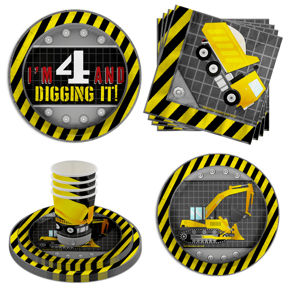 I'm Four and Digging It Construction Party Supplies - 4th Construction trucks Birthday Party Supplies 64 Piece Tableware Set Includes Large 9" Paper Plates Dessert Plates, Cups and Napkins Kit for 16