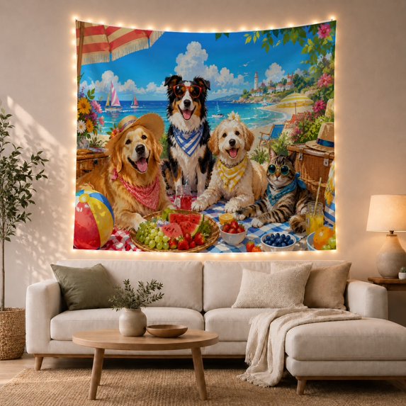 Four Dogs and a Cat at Beach Picnic, Playful Illustration for Pet Lovers, Whimsical Animal Art, Birthday Gift, Tapestry Wall Hanging for Bedroom and Living Room