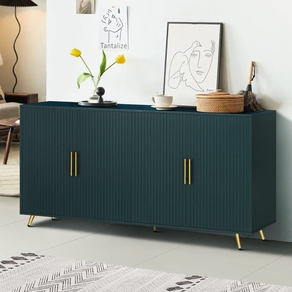 Four-Door Navy Blue Sideboard with Vertical Lines for Office Bedroom Decor