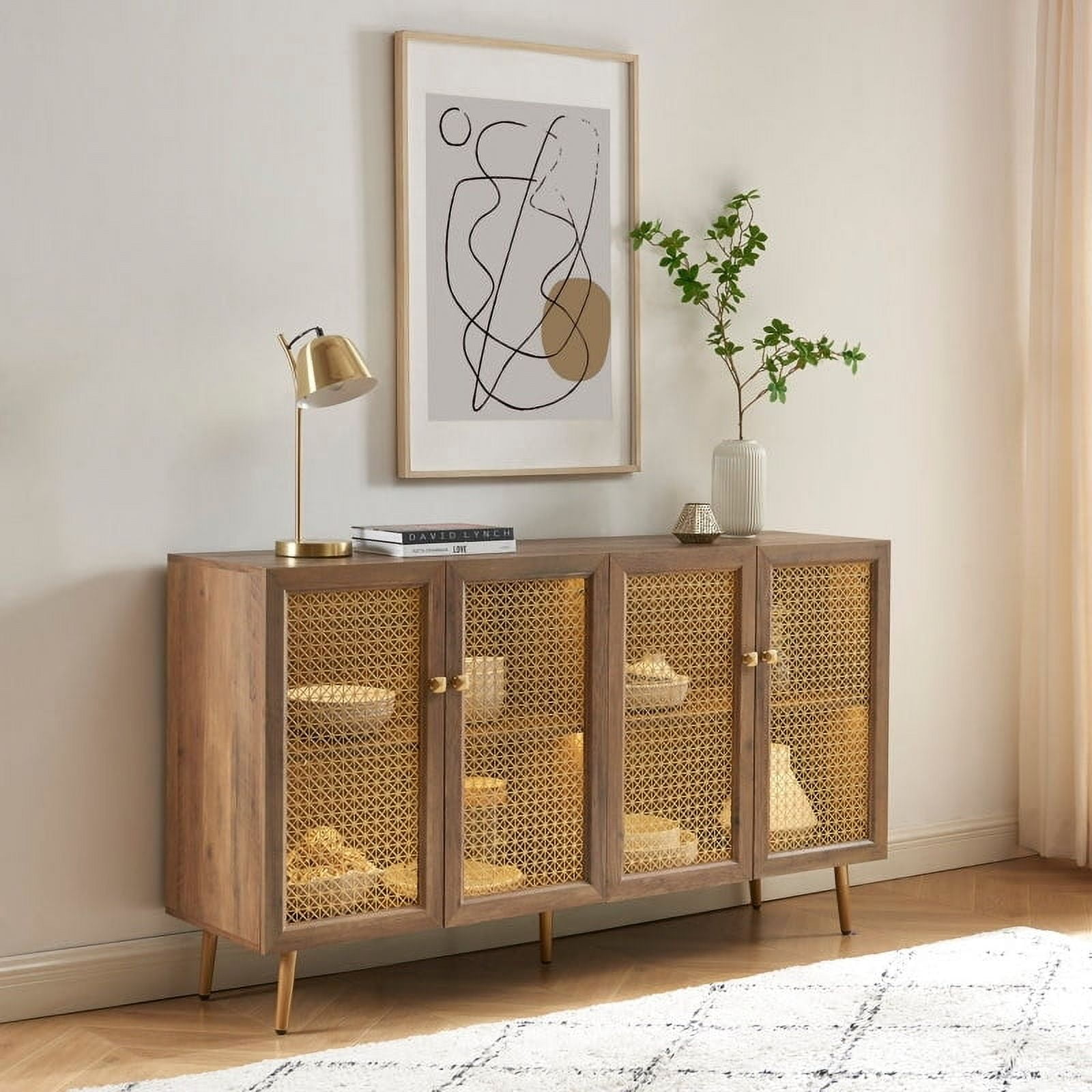 Rustic Oak Four Door Cane-Webbing Sideboard with LED Light