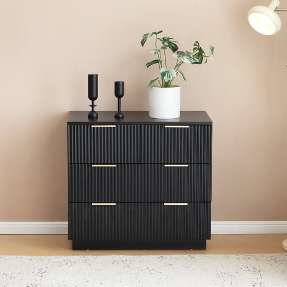 Four-Drawer Bedside Cabinet, Black P2 Particle Board and Density Board Wavy Pattern Drawer Front Three-Level