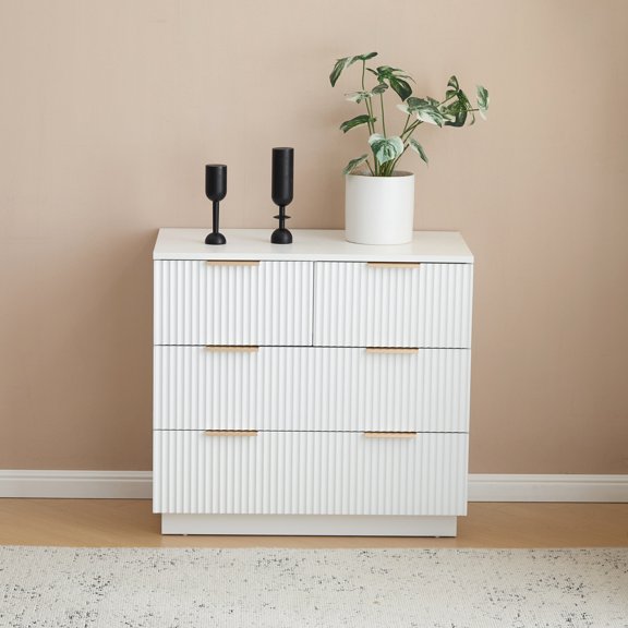 Four-Drawer Bedside Cabinet, White P2 Particle Board and Density Board Wavy Pattern Drawer Front Three-Level